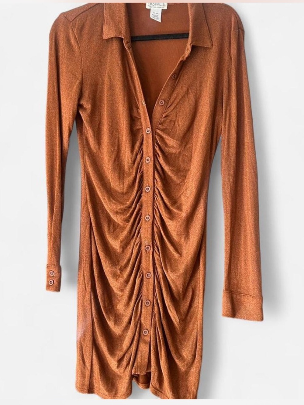 l*space Rust Button-Front Ruched Long Sleeve Dress - Picture 2 of 4